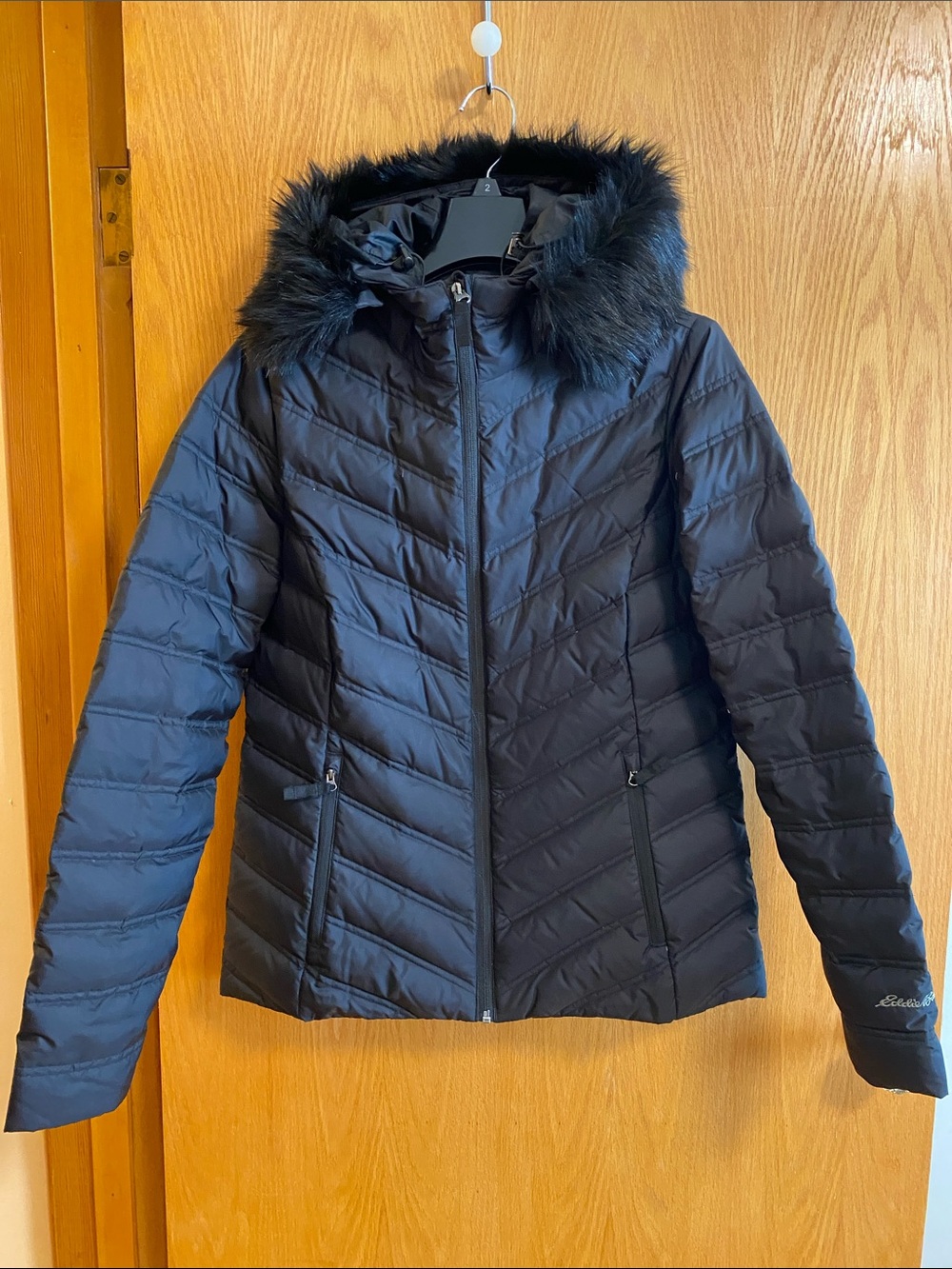 Eddie Bauer Black Quilted Puffer Jacket with Faux Fur Hood